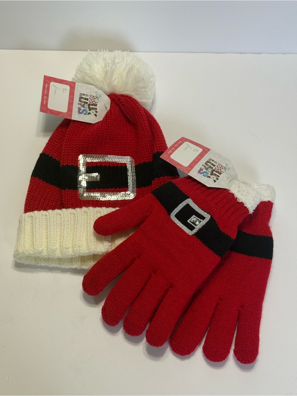 Muk Luks Red Knit Santa Hat & Gloves Set with Pom Pom NWT